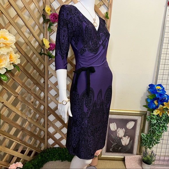 Charlie Brown V-Neck Midi 3/4 Sleeves Dress Midnight Blue Violet w Black Pattern - Picture 8 of 14
